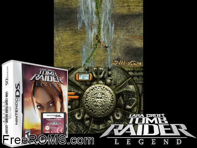 Tomb Raider - Legend NDS game showing 3D box cover and gameplay screenshot