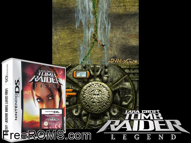 Tomb Raider - Legend Europe NDS game showing 3D box cover and gameplay screenshot