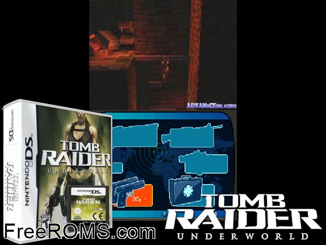 Tomb Raider - Underworld NDS game showing 3D box cover and gameplay screenshot