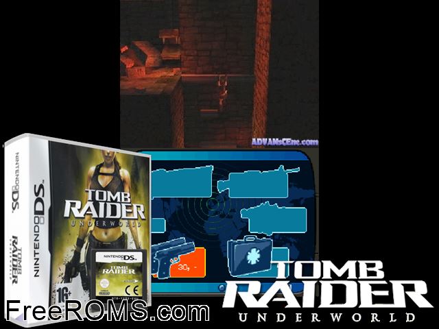 Tomb Raider - Underworld Europe NDS game showing 3D box cover and gameplay screenshot