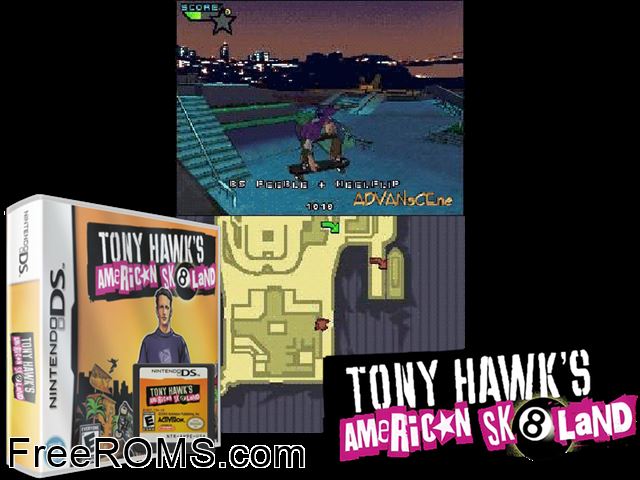 Tony Hawks American Sk8land NDS game showing 3D box cover and gameplay screenshot
