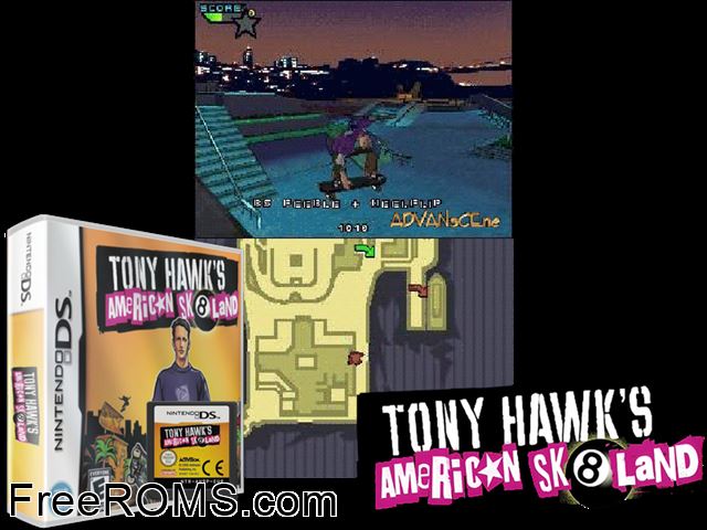 Tony Hawks American Sk8land Europe NDS game showing 3D box cover and gameplay screenshot