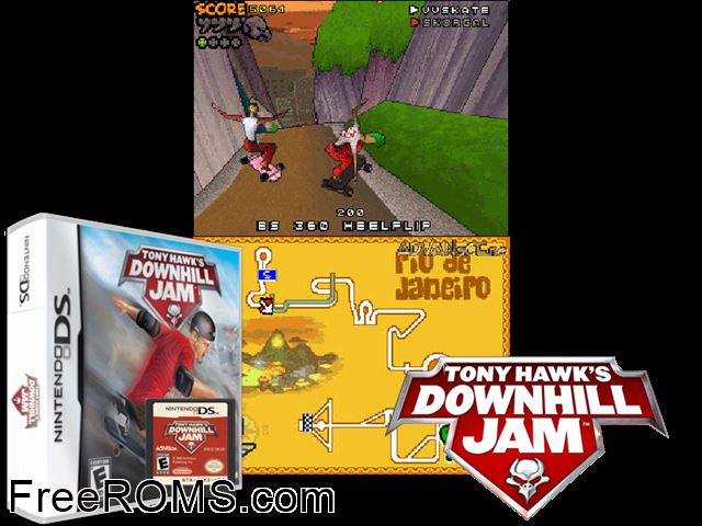 Tony Hawks Downhill Jam NDS game showing 3D box cover and gameplay screenshot