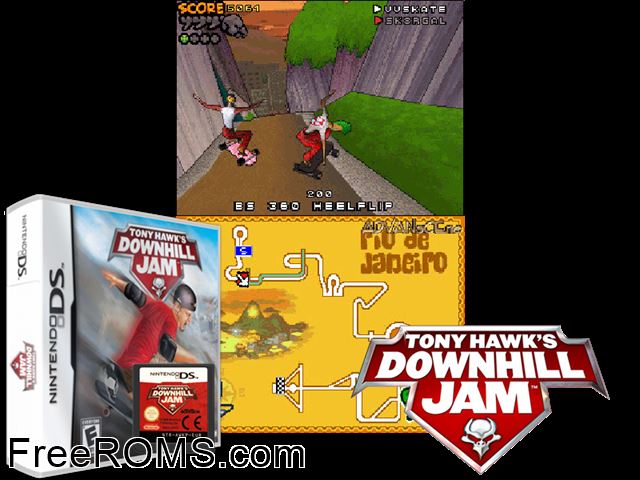 Tony Hawks Downhill Jam Europe NDS game showing 3D box cover and gameplay screenshot