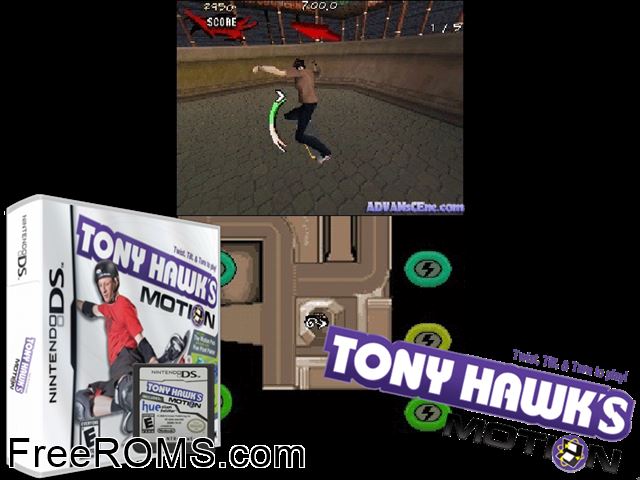 Tony Hawks Motion Europe NDS game showing 3D box cover and gameplay screenshot