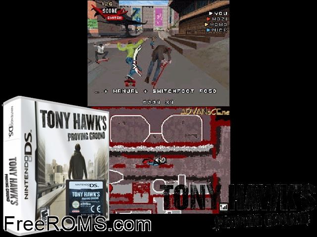 Tony Hawks Proving Ground NDS game showing 3D box cover and gameplay screenshot