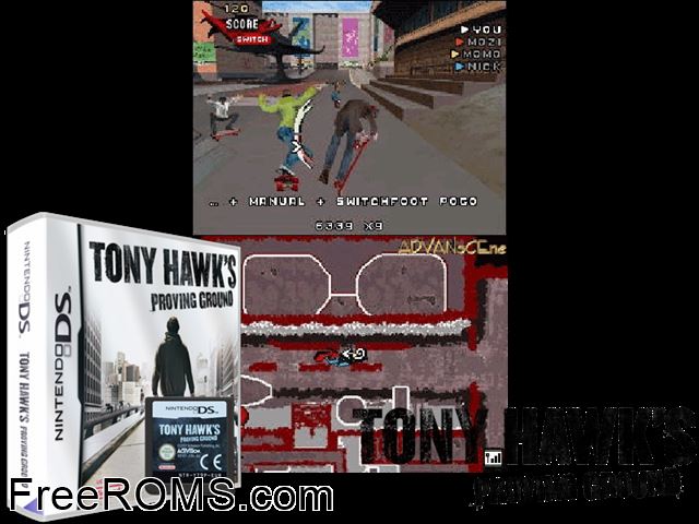 Tony Hawks Proving Ground Europe NDS game showing 3D box cover and gameplay screenshot
