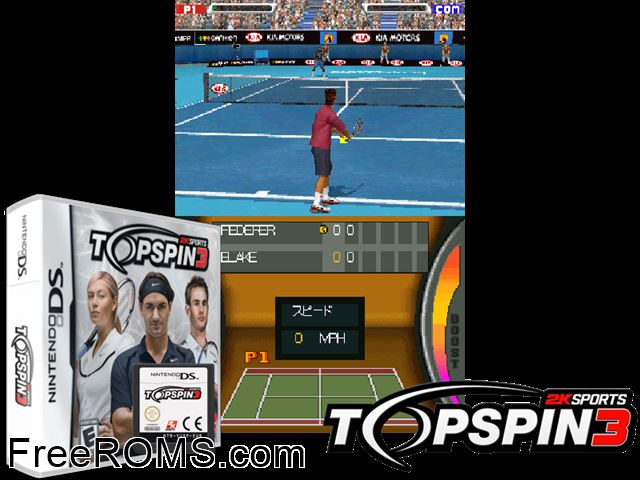 Top Spin 3 NDS game showing 3D box cover and gameplay screenshot