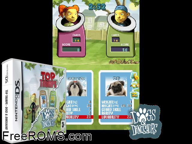 Top Trumps - Dogs and Dinosaurs Europe NDS game showing 3D box cover and gameplay screenshot