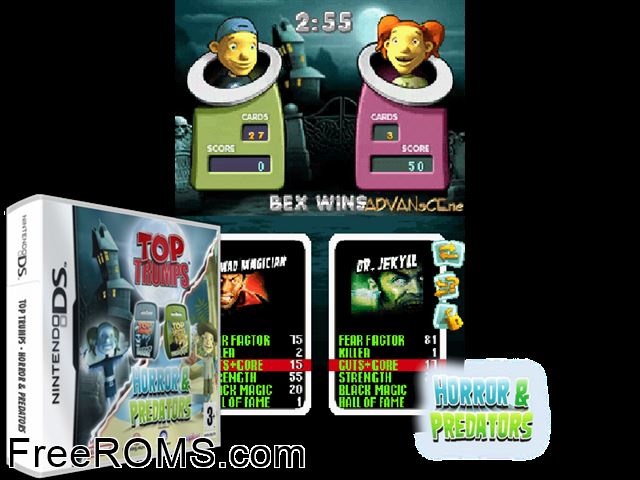 Top Trumps - Horror and Predators Europe NDS game showing 3D box cover and gameplay screenshot