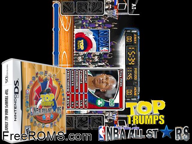 Top Trumps NBA All Stars NDS game showing 3D box cover and gameplay screenshot