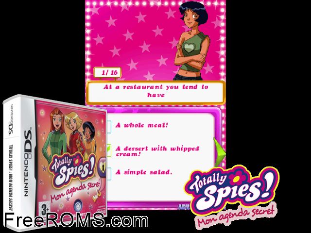 Totally Spies! - My Secret Diary Europe NDS game showing 3D box cover and gameplay screenshot