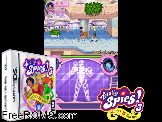 Totally Spies! 3 - Secret Agents Europe NDS game showing 3D box cover and gameplay screenshot