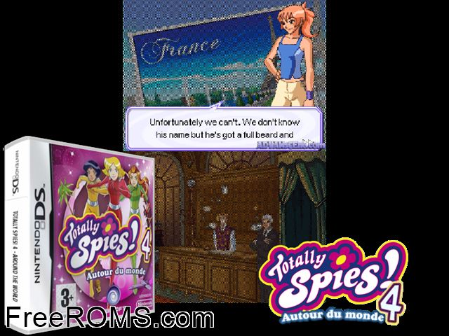 Totally Spies! 4 - Around the World Europe NDS game showing 3D box cover and gameplay screenshot