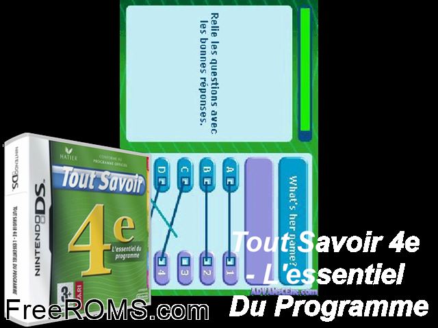 Tout Savoir 4e - LEssentiel du Programme France NDS game showing 3D box cover and gameplay screenshot