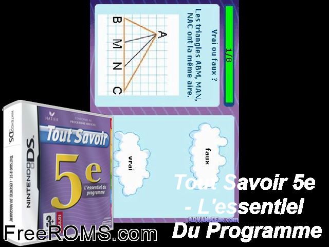 Tout Savoir 5e - LEssentiel du Programme France NDS game showing 3D box cover and gameplay screenshot
