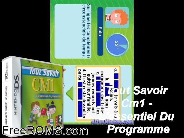 Tout Savoir CM1 France NDS game showing 3D box cover and gameplay screenshot