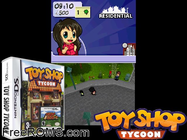 Toy Shop Tycoon Europe NDS game showing 3D box cover and gameplay screenshot