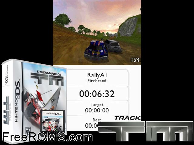 TrackMania DS Europe NDS game showing 3D box cover and gameplay screenshot