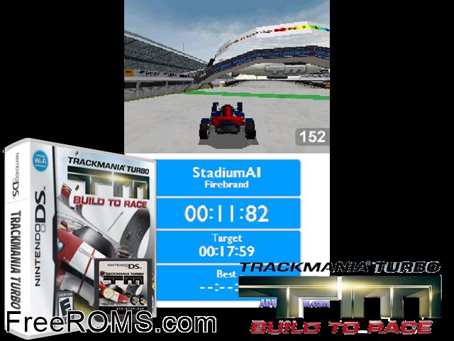 TrackMania Turbo - Build to Race NDS game showing 3D box cover and gameplay screenshot