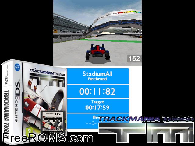 TrackMania Turbo Europe NDS game showing 3D box cover and gameplay screenshot