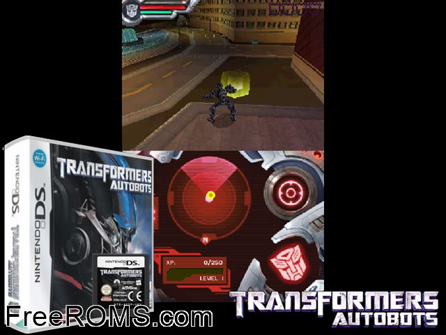 Transformers - Autobots Europe NDS game showing 3D box cover and gameplay screenshot