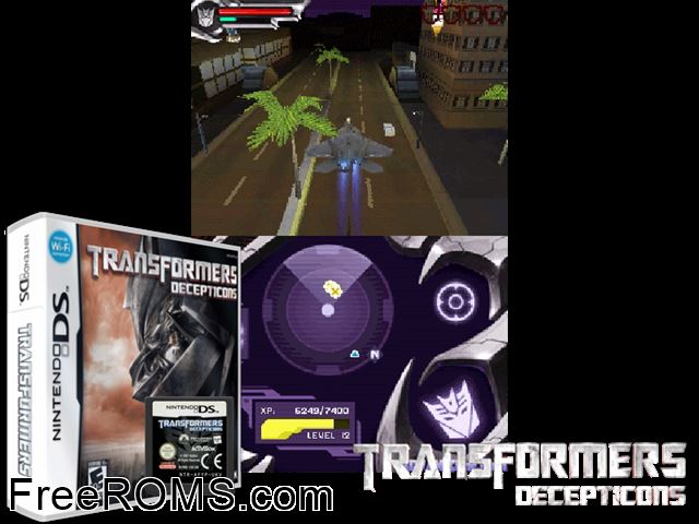 Transformers - Decepticons NDS game showing 3D box cover and gameplay screenshot