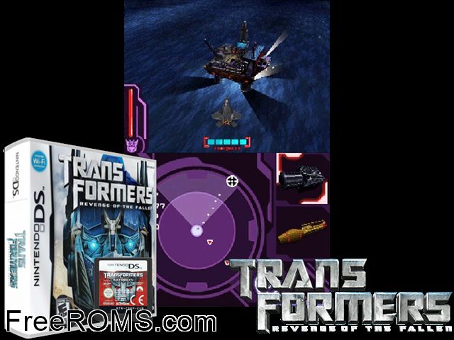Transformers - Revenge of the Fallen - Autobots Version Europe NDS game showing 3D box cover and gameplay screenshot
