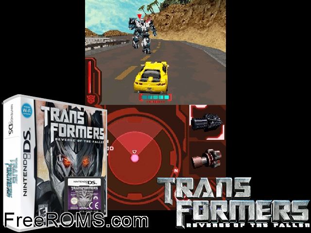 Transformers - Revenge of the Fallen - Decepticons Version Europe NDS game showing 3D box cover and gameplay screenshot