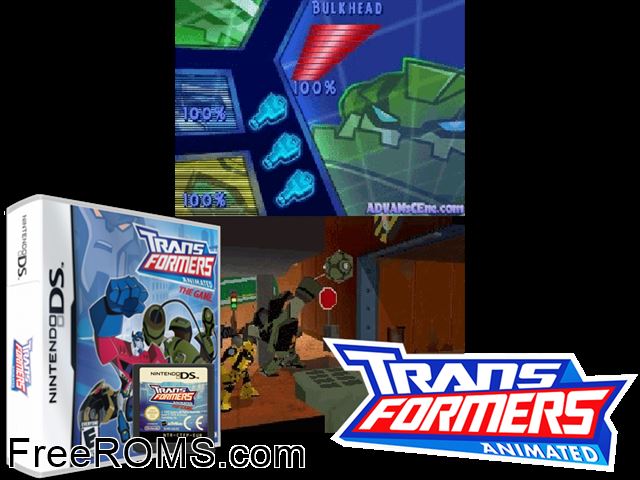 Transformers Animated - The Game NDS game showing 3D box cover and gameplay screenshot