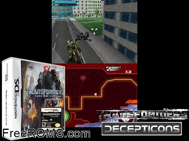 Transformers Dark of the Moon Decepticons Europe NDS game showing 3D box cover and gameplay screenshot