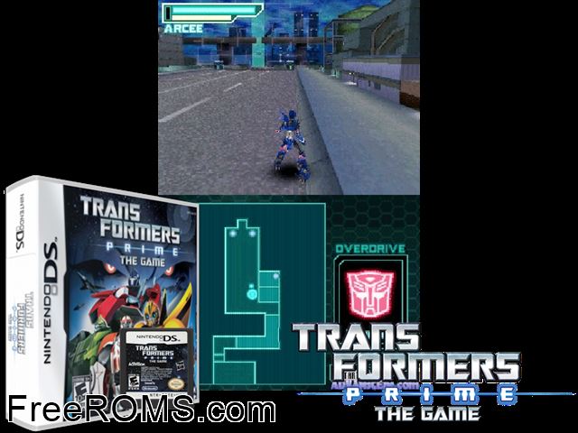 Transformers Prime - The Game Europe NDS game showing 3D box cover and gameplay screenshot