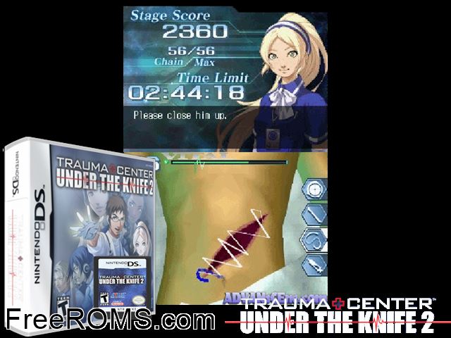 Trauma Center - Under the Knife 2 NDS game showing 3D box cover and gameplay screenshot