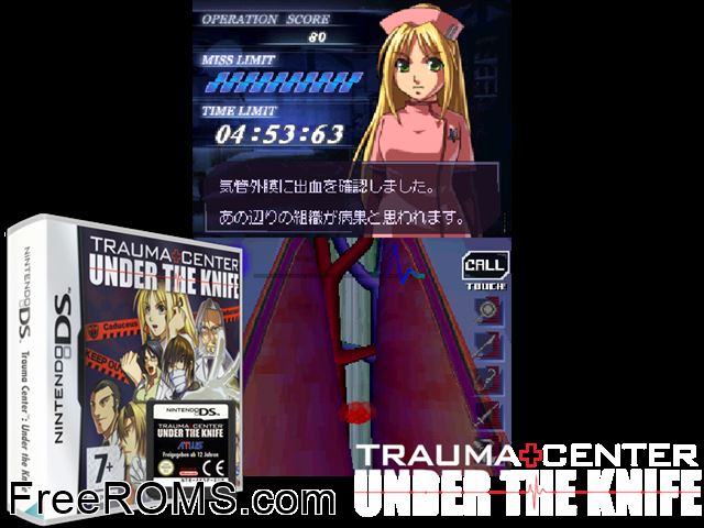 Trauma Center - Under the Knife Europe NDS game showing 3D box cover and gameplay screenshot