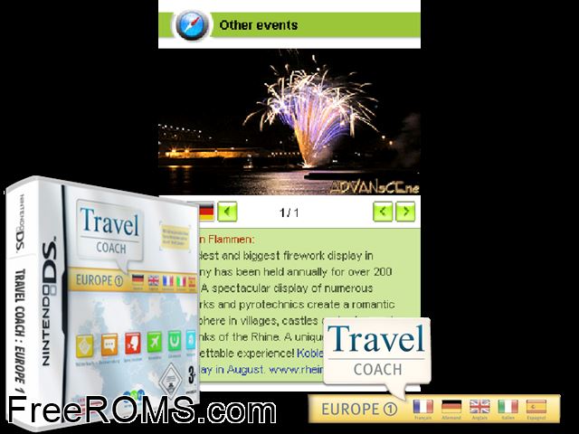 Travel Coach - Europe 1 Europe NDS game showing 3D box cover and gameplay screenshot