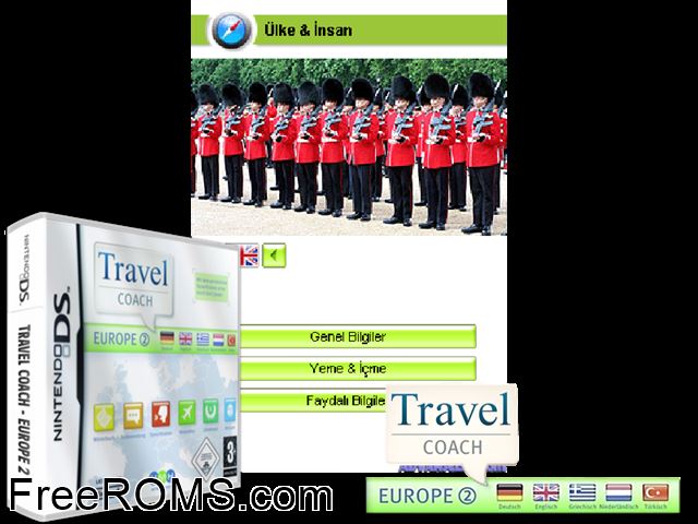 Travel Coach - Europe 2 Europe NDS game showing 3D box cover and gameplay screenshot
