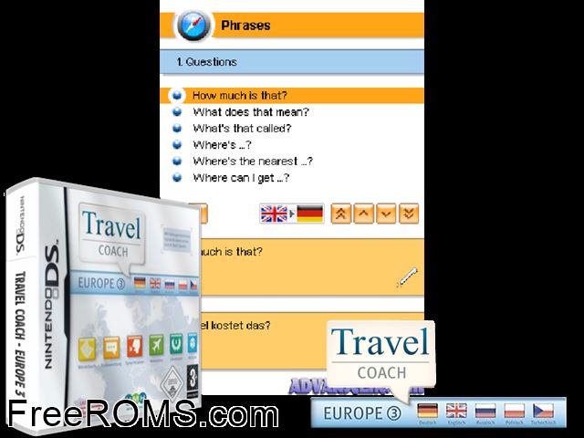 Travel Coach - Europe 3 Europe NDS game showing 3D box cover and gameplay screenshot