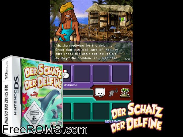 Treasure of the Dolphins Europe NDS game showing 3D box cover and gameplay screenshot