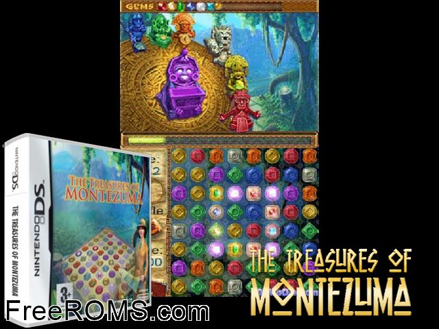 Treasures of Montezuma The Europe NDS game showing 3D box cover and gameplay screenshot