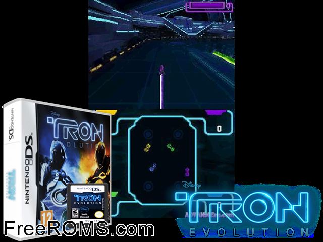 TRON Evolution NDS game showing 3D box cover and gameplay screenshot
