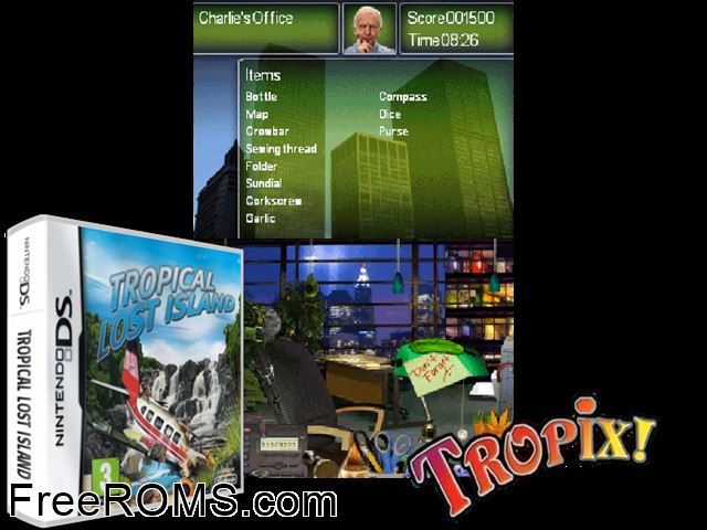 Tropical Lost Island Europe NDS game showing 3D box cover and gameplay screenshot