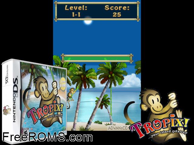 Tropix! Your Island Getaway NDS game showing 3D box cover and gameplay screenshot