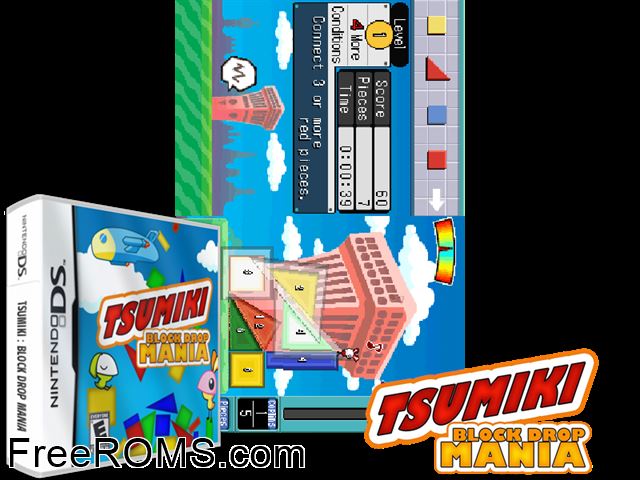 Tsumiki Block Drop Mania NDS game showing 3D box cover and gameplay screenshot