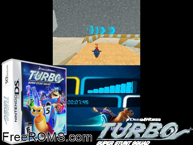 Turbo Super Stunt Squad Europe NDS game showing 3D box cover and gameplay screenshot