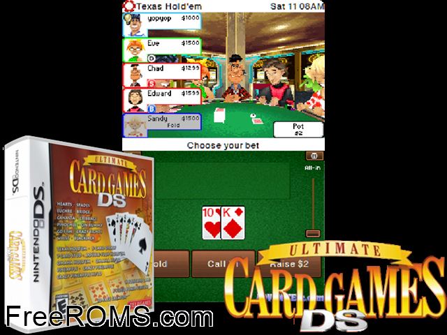 Ultimate Card Games NDS game showing 3D box cover and gameplay screenshot