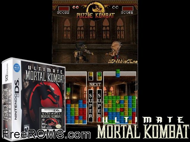 Ultimate Mortal Kombat NDS game showing 3D box cover and gameplay screenshot