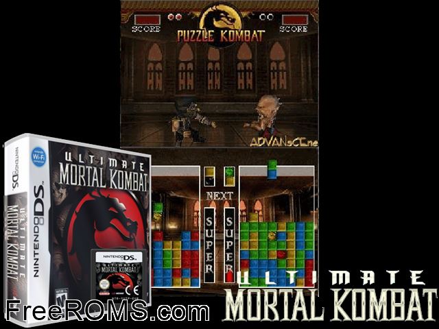 Ultimate Mortal Kombat Europe NDS game showing 3D box cover and gameplay screenshot