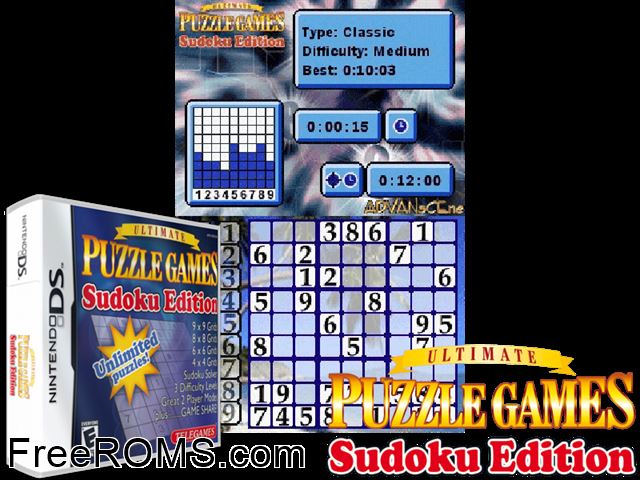 Ultimate Puzzle Games - Sudoku Edition NDS game showing 3D box cover and gameplay screenshot