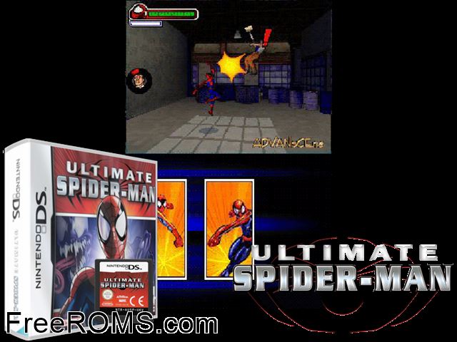 Ultimate Spider-Man Europe NDS game showing 3D box cover and gameplay screenshot
