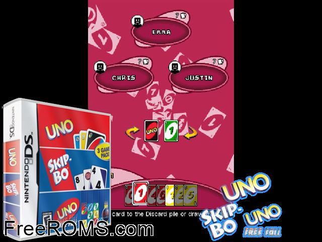 Uno - Skip-Bo - Uno Free Fall (3 Game Pack) NDS game showing 3D box cover and gameplay screenshot